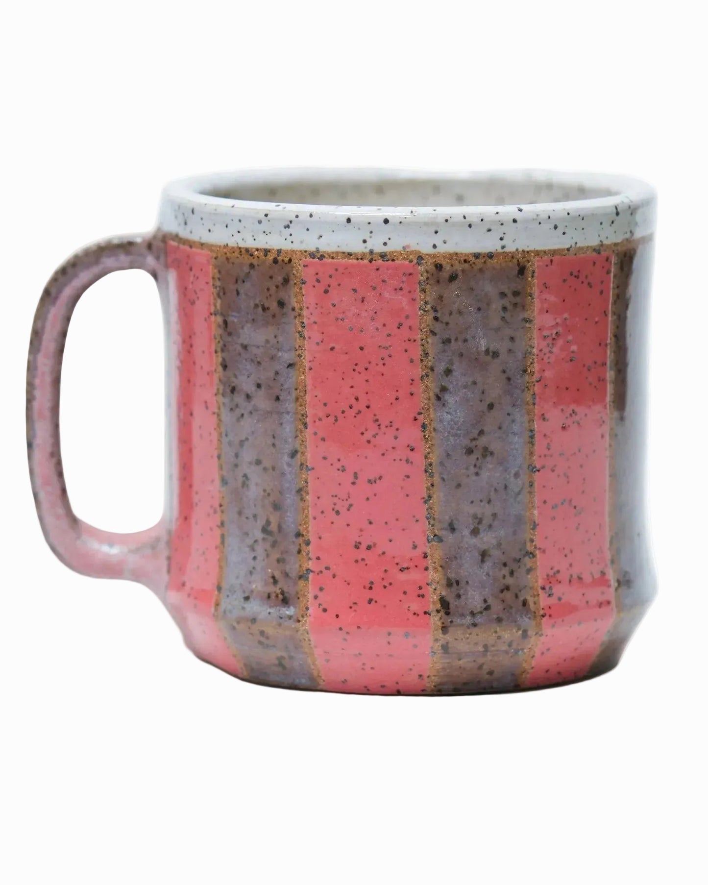 purple and pink striped mug with speckled clay