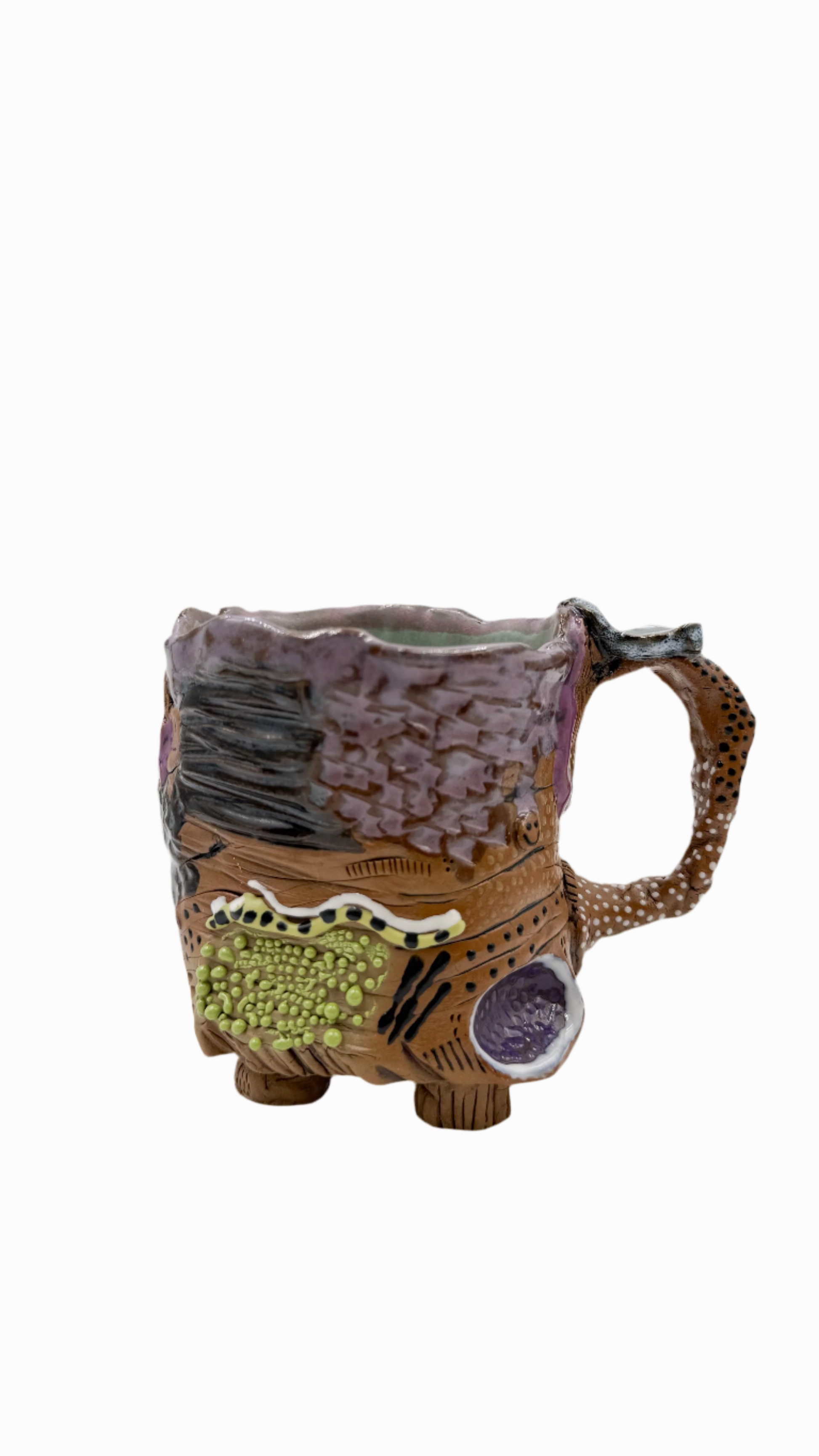 Pictured is a handmade ceramic mug that is full of gloops and globs allowing the mug holder to have a tactile experience while enjoying their peferred drink. The color palette is blacks, lime green, and purple with hints of white. 